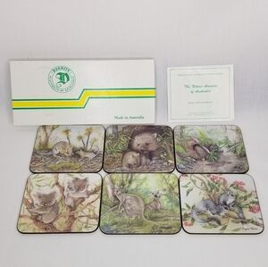 Vtg Dynasty Australian Animal Series Native Animals of Australia 6pc Coaster Set